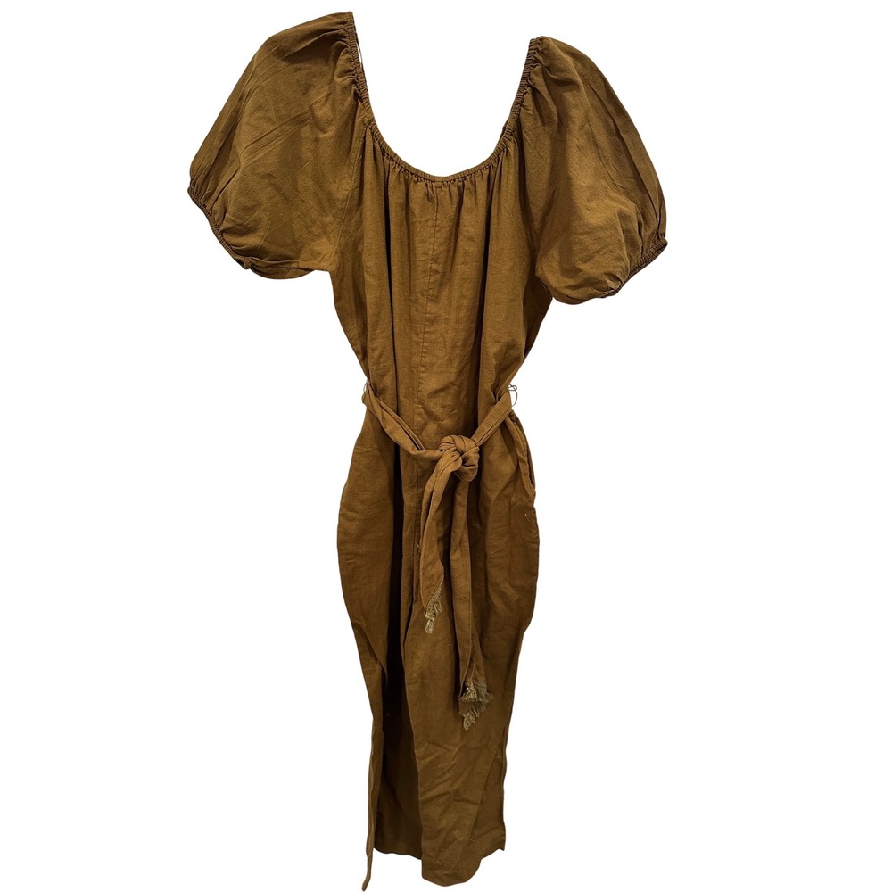 Free People Jumpsuit Brown Puff Sleeve Tie Waist Square‎ Neck Boho Sz S